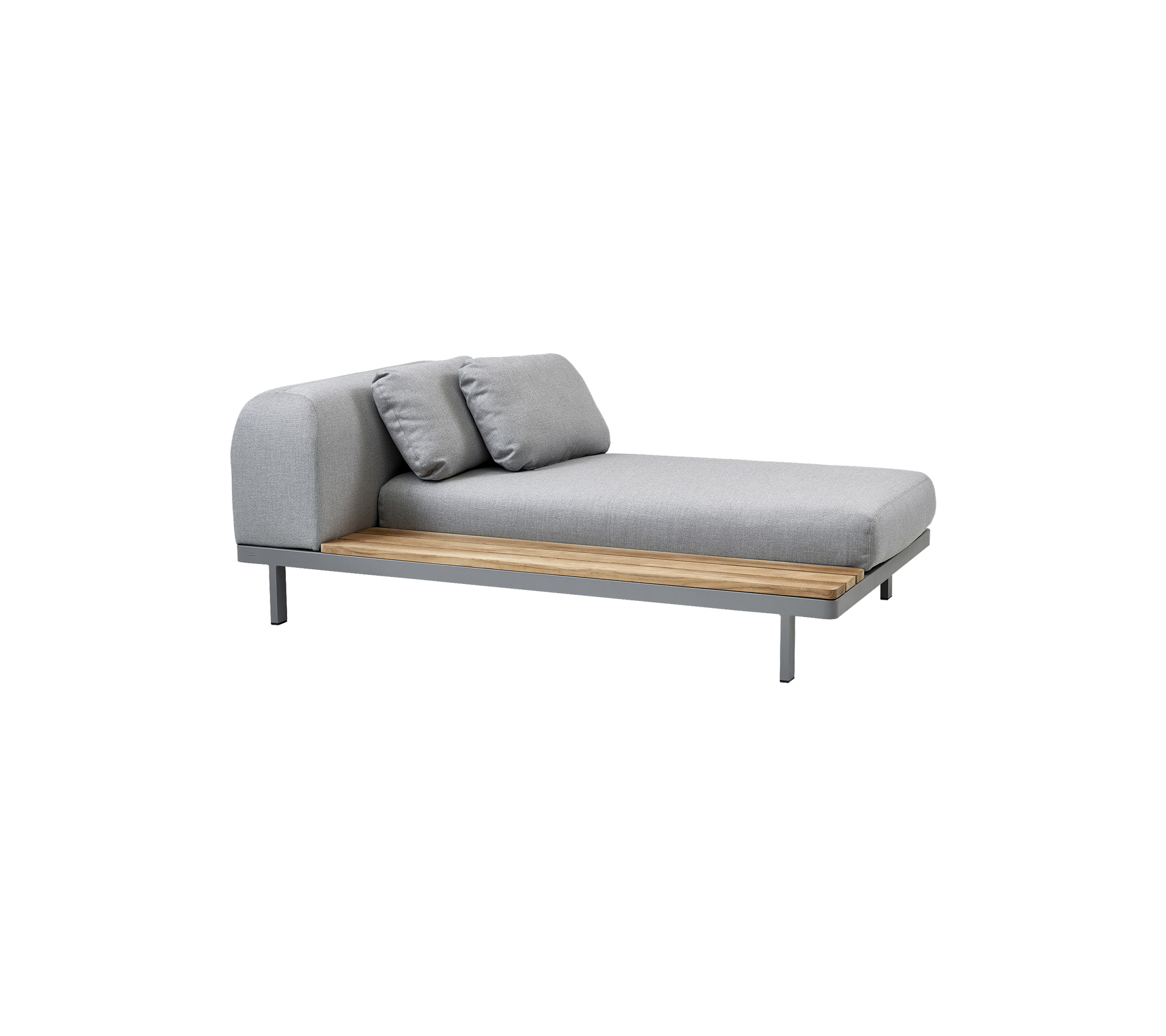 Modern chaise lounge with a sleek gray fabric cushion, complemented by two matching pillows and a wooden base.