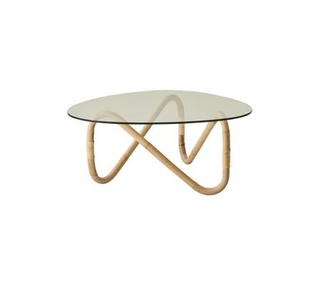 Coffee table featuring a round glass top supported by an elegant, wavy bamboo base, combining modern design with natural materials.