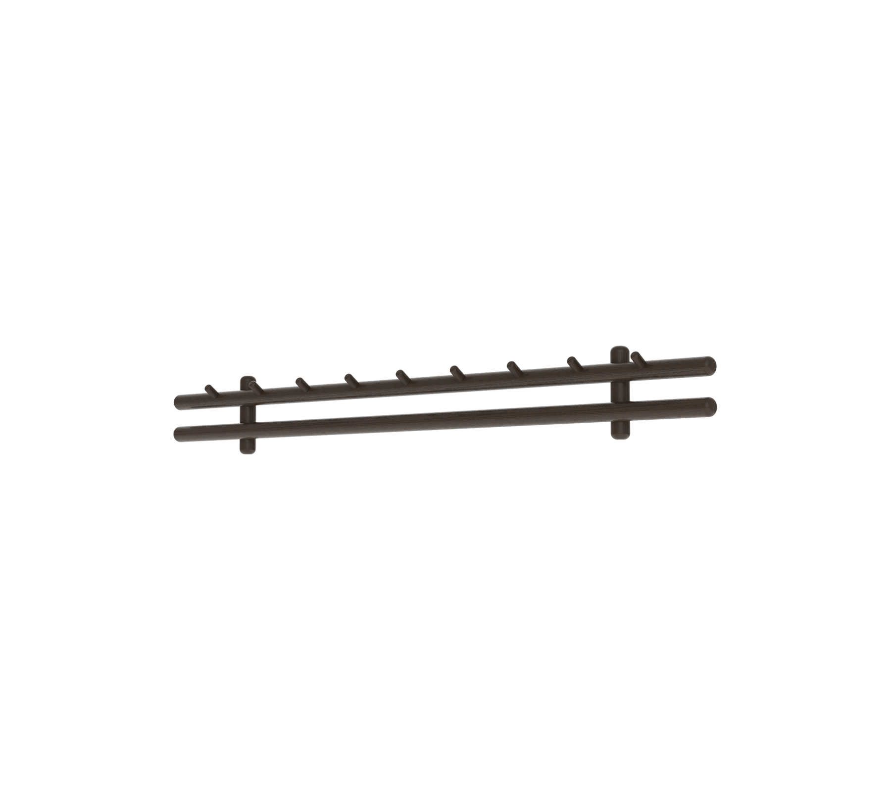 Dark-colored, multi-hook rack ideal for hanging items, featuring evenly spaced hooks for functionality and organization.