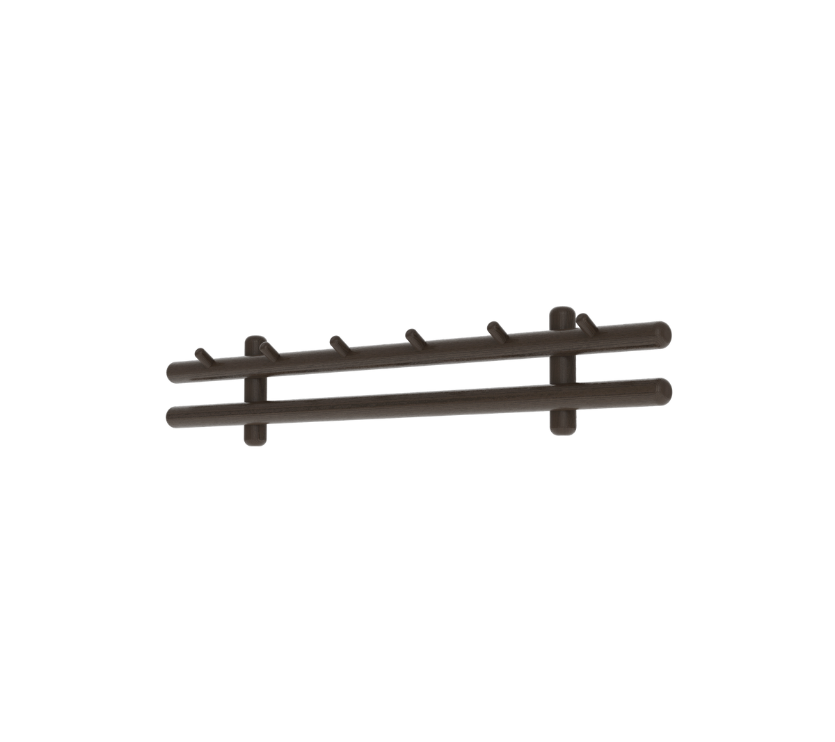 Dark brown wall-mounted coat rack with multiple hooks for hanging items.