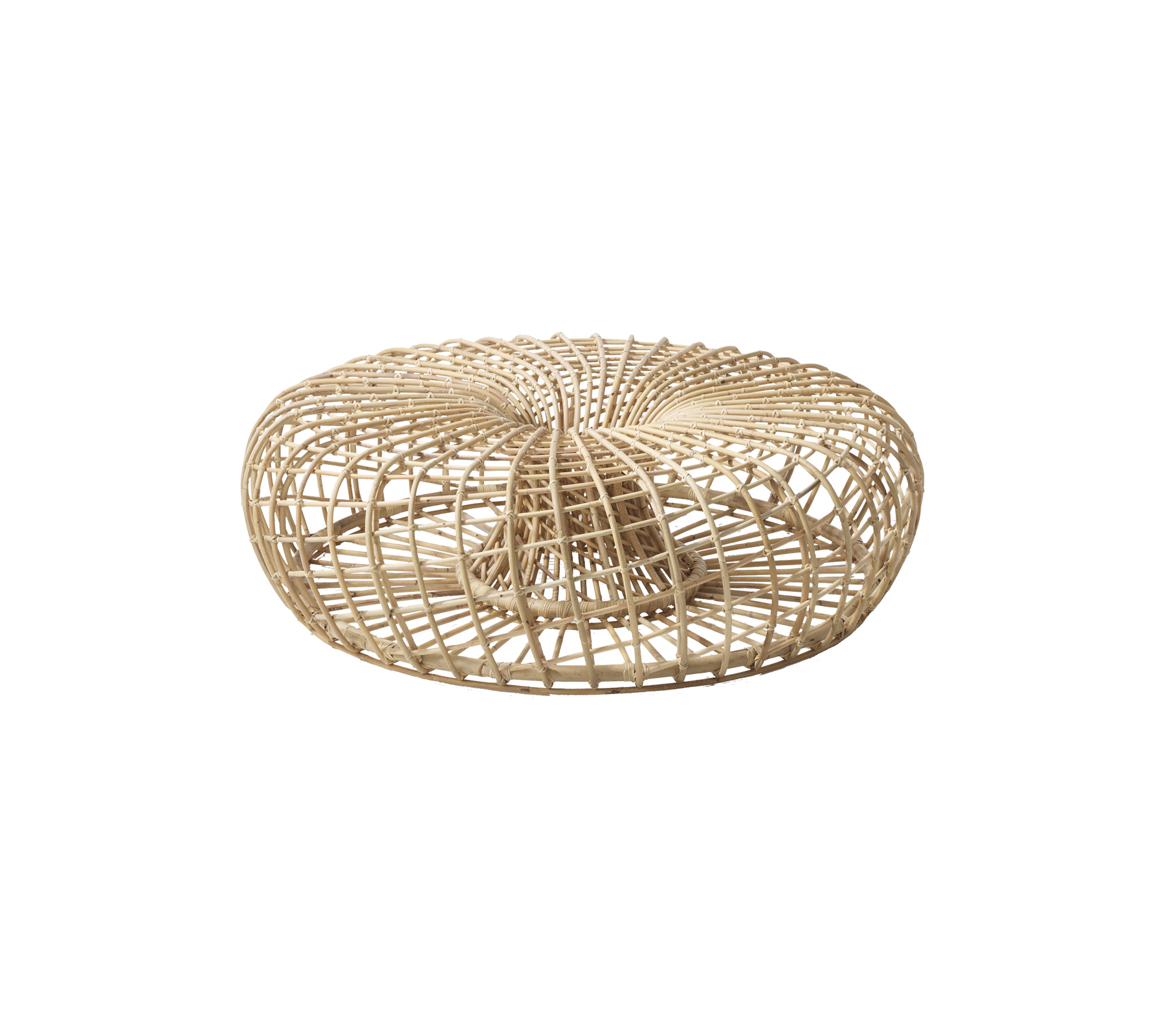 Round, woven rattan pouf with a spiral design, providing a natural and stylish accent for various settings.