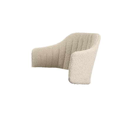 Curvy, upholstered armchair in soft cream fabric with vertical tufting, designed for comfort and modern aesthetics.