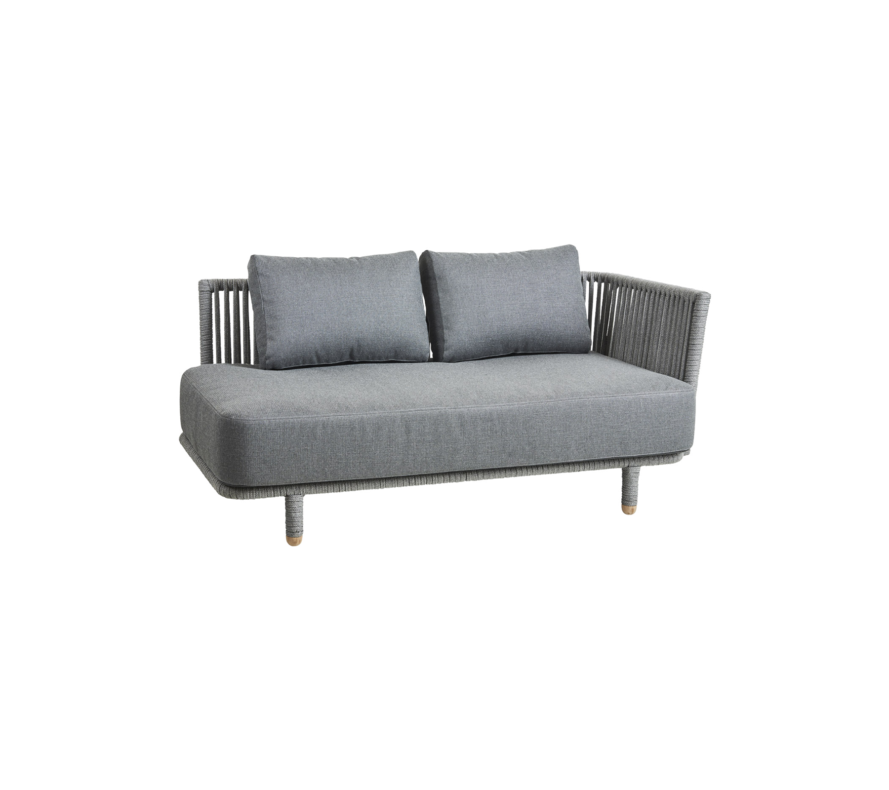 Gray sofa with two cushions and woven sides, ideal for modern indoor or outdoor settings.