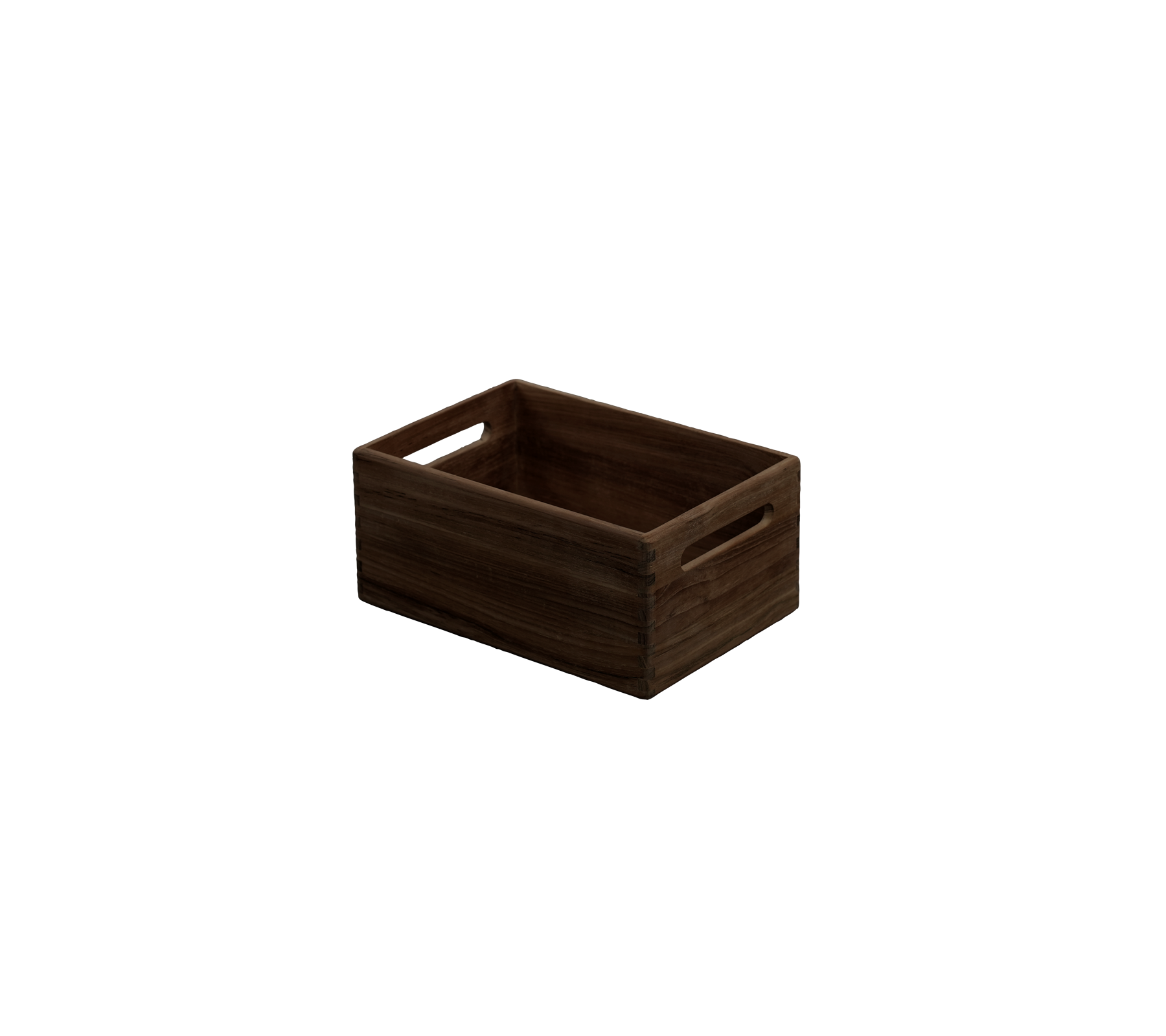 Dark brown crate with handles for storage or organization.