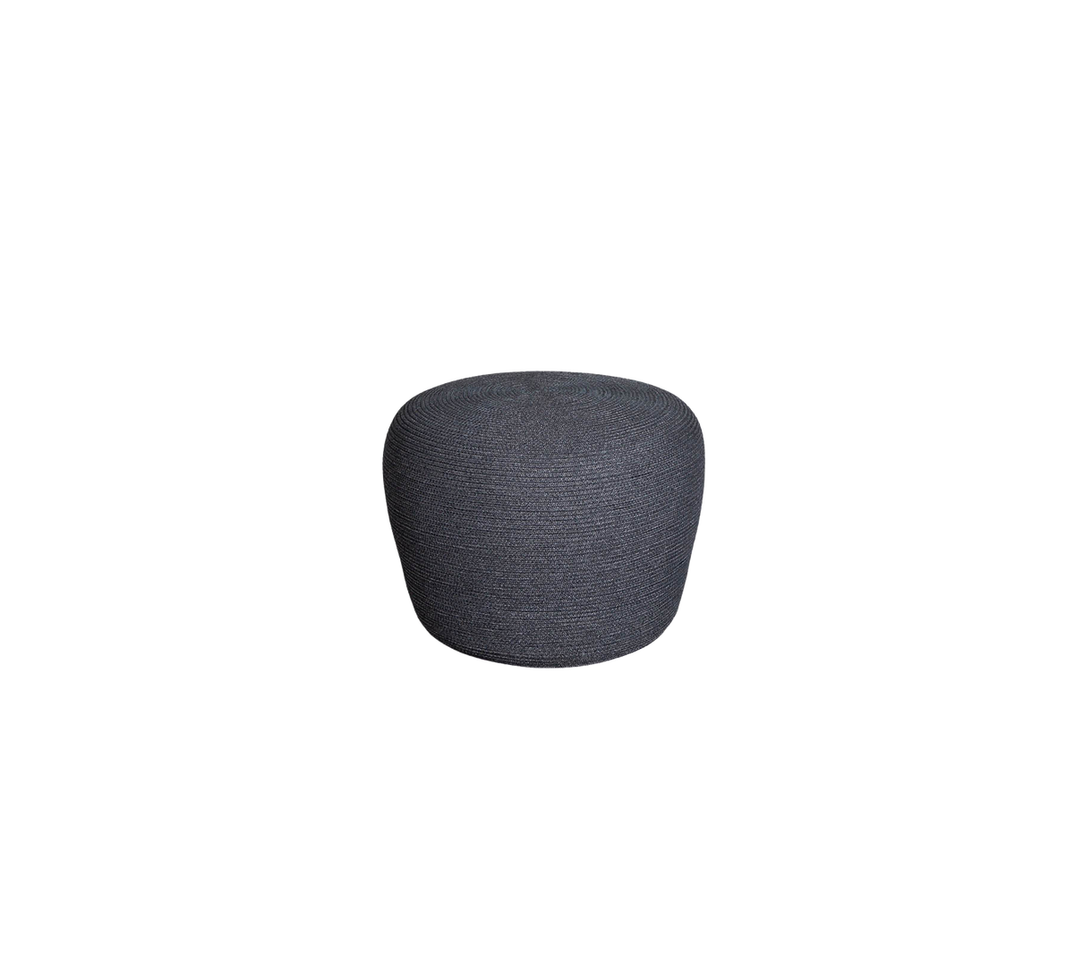 Round, upholstered pouf in a dark gray fabric, designed for versatile seating or accenting decor.