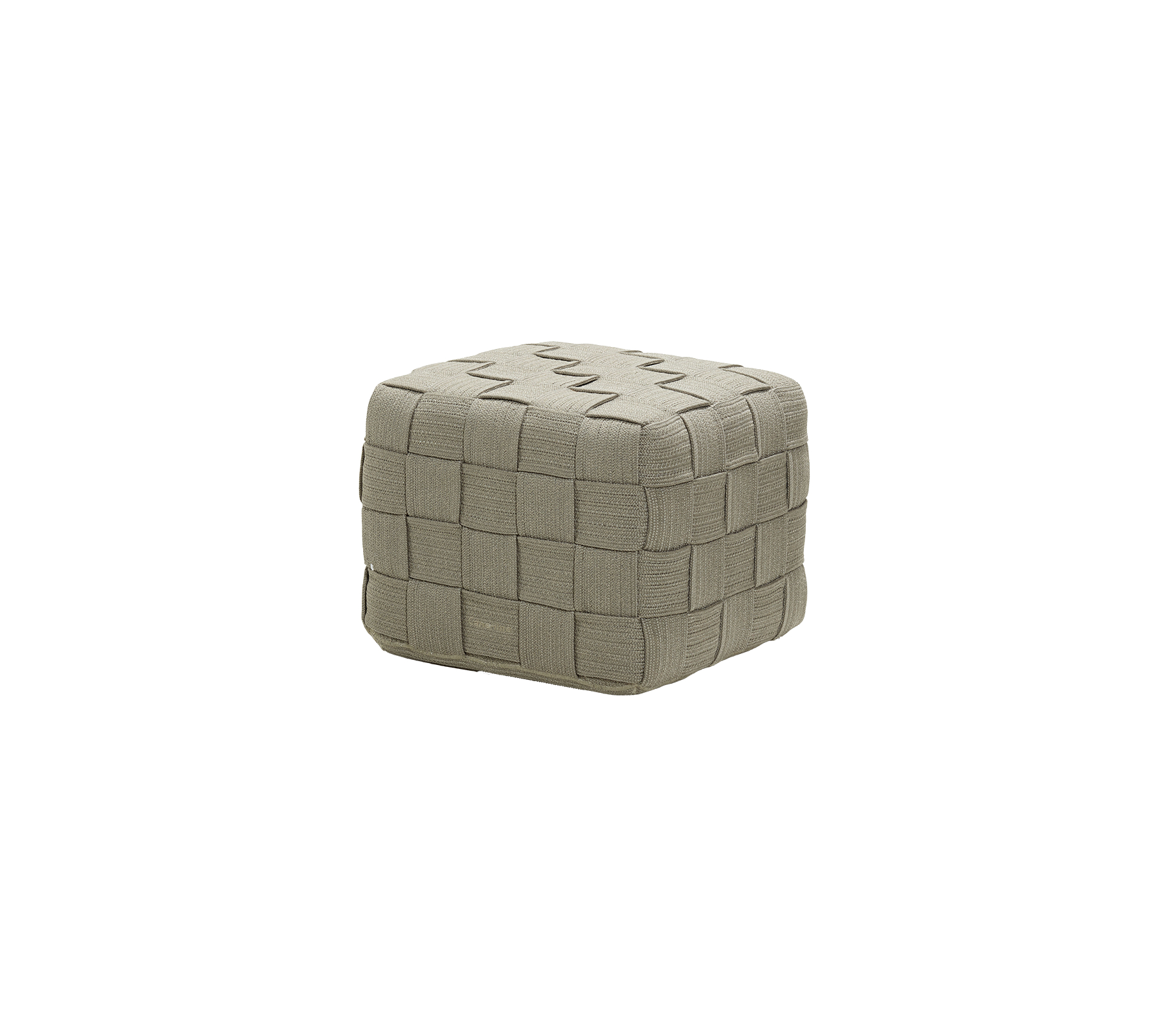 A square, textured pouf with a woven pattern in a neutral color, suitable for various decor styles.