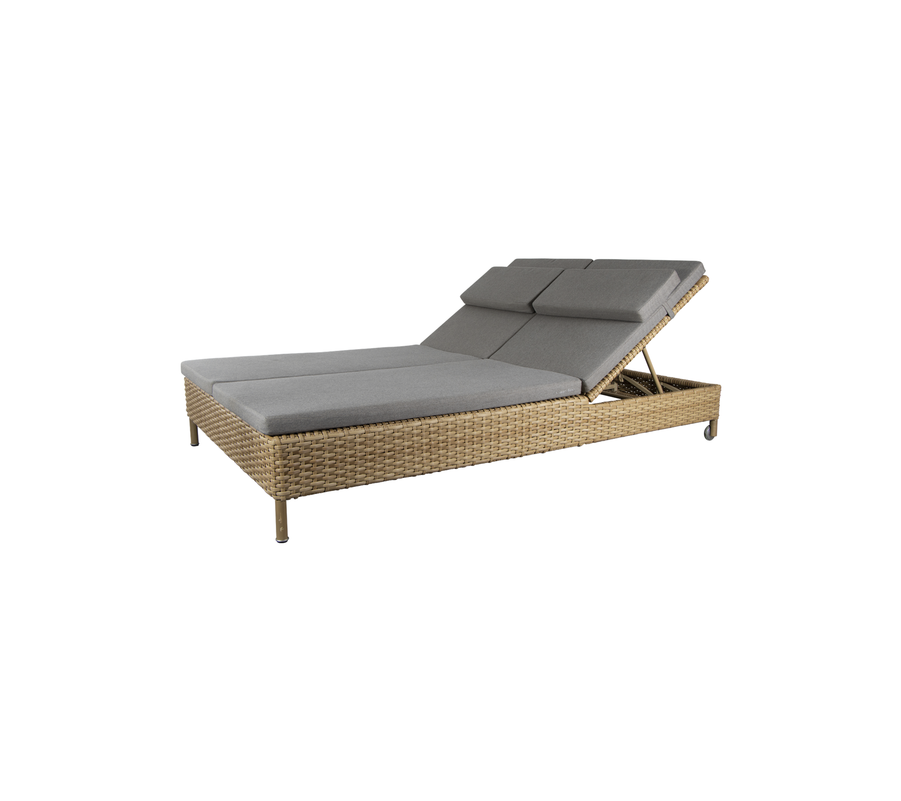 Stylish lounge chair with a natural wicker base and gray cushions, featuring adjustable backrest for comfort. Perfect for relaxation.