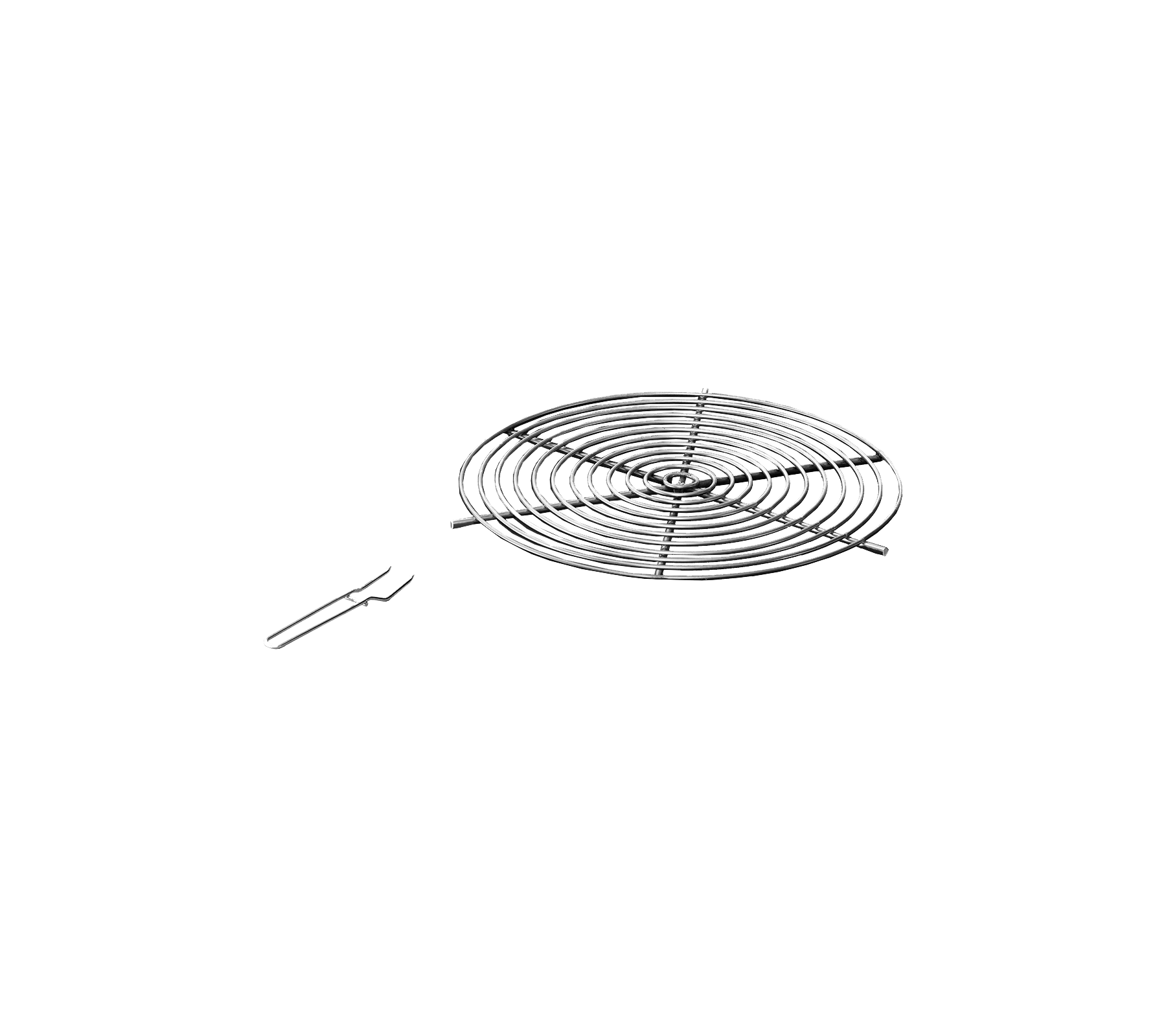 Metal cooling rack with a spiral design and a pair of lifting handles for easy removal. Ideal for cooling baked goods.