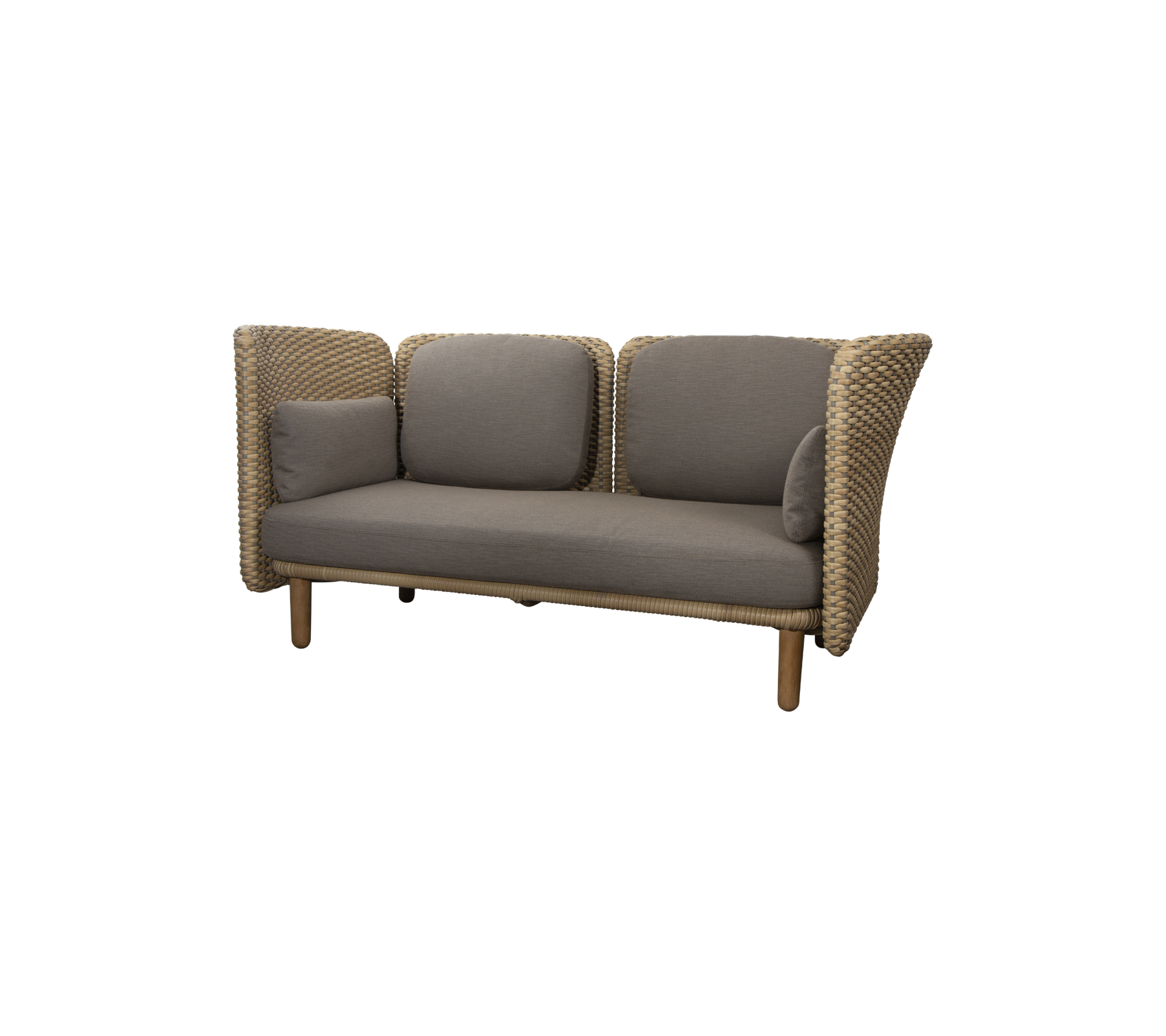 Comfortable sofa with a woven design, featuring plush gray cushions and supportive side panels. Ideal for modern seating areas.
