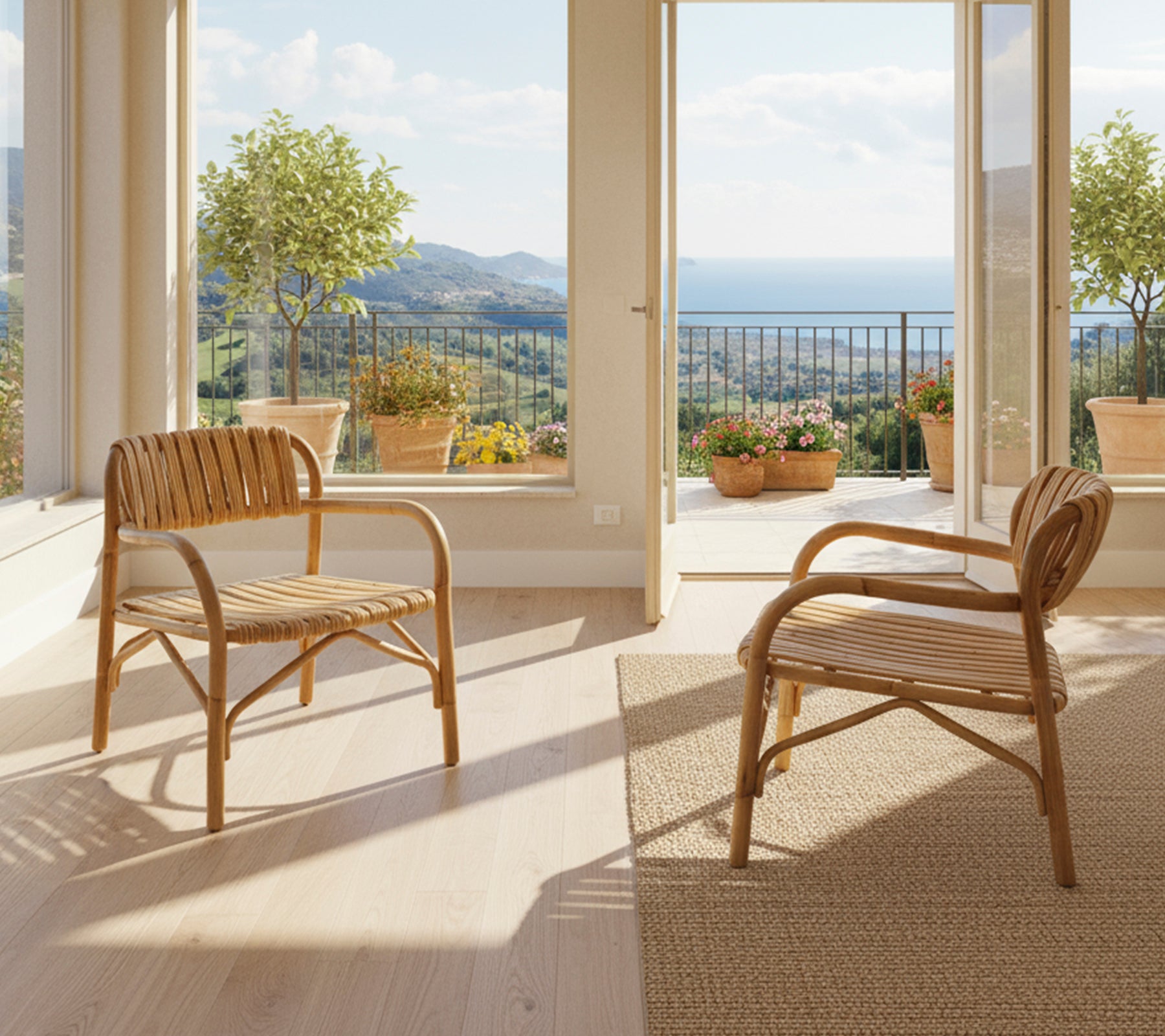 Two modern rattan chairs positioned in a sunlit lounge with a scenic view.