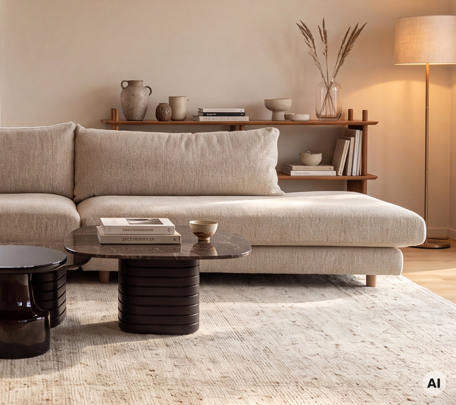 Beige sofa paired with a black table in a modern lounge setting.
