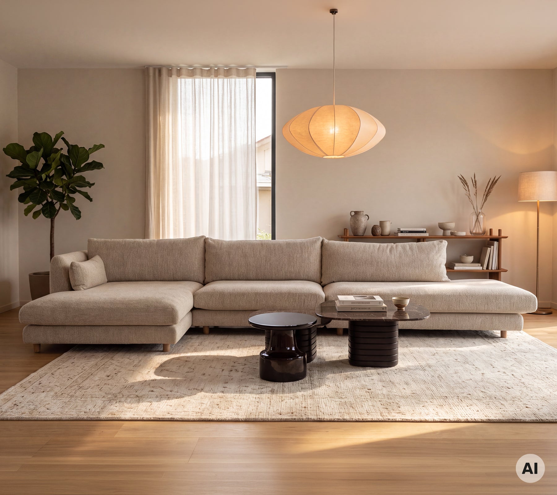 Modern lounge featuring a light sofa module and black side tables in a minimal setting.