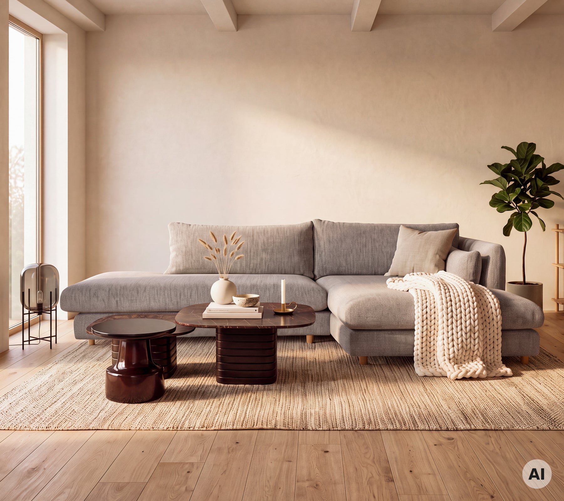 Modern grey corner sofa with a wooden coffee table and a cream throw in a stylish lounge.