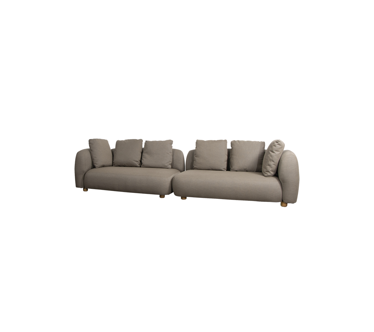 Modern, L-shaped sofa in a neutral tone, featuring plush cushions and rounded armrests, ideal for comfortable seating.