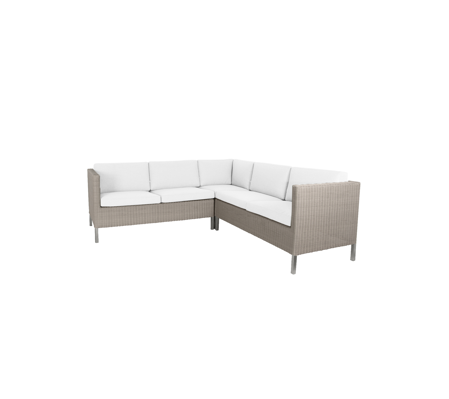 Stylish corner seating with a light-hued cushion and woven exterior, perfect for casual gatherings.