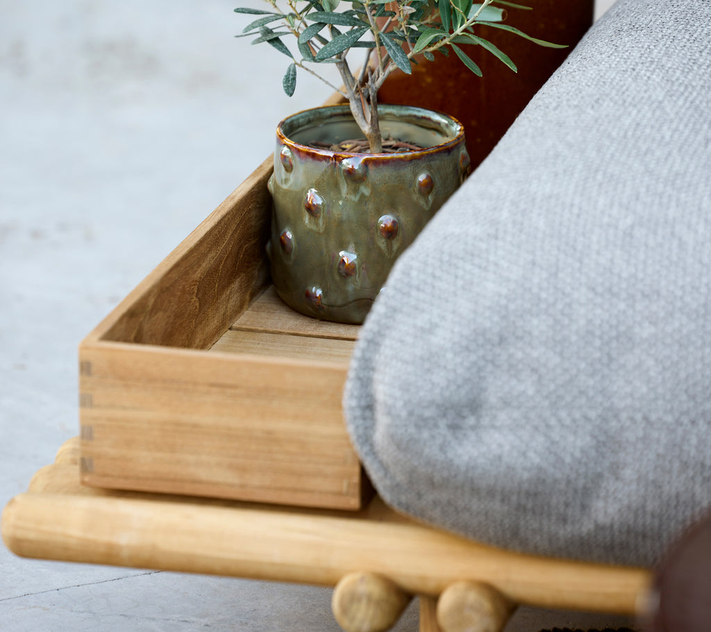 Wooden tray with grey cushion and green pot featuring a plant.