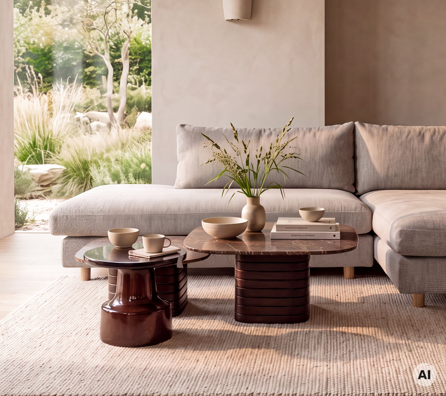 Modern lounge featuring a grey sofa, brown table, and beige rug.