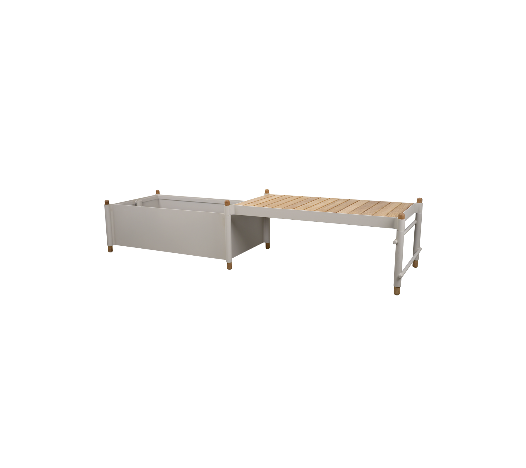Wooden planter with a rectangular design featuring a light gray container and a slatted wooden top for planting.